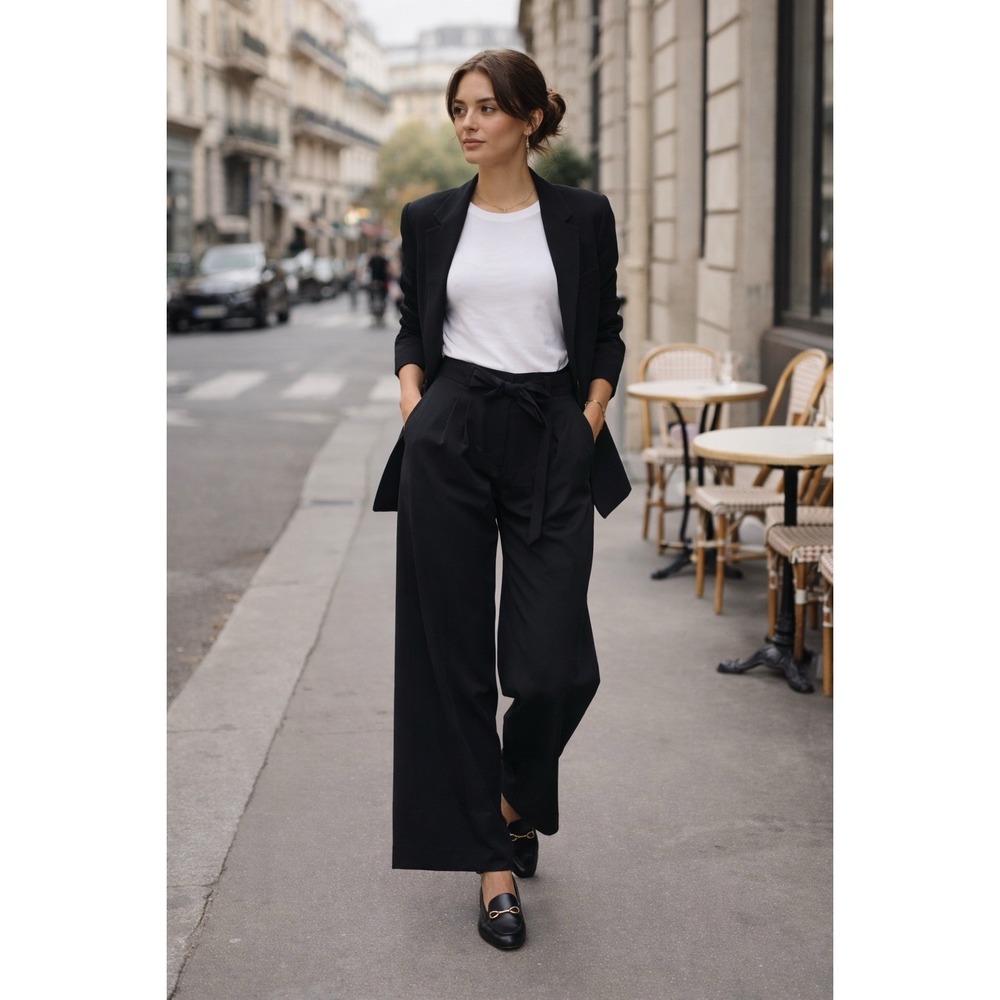 Antonio Melani Pants Women 12 Black Wide Leg Tie Waist Dress Trouser Minimalist